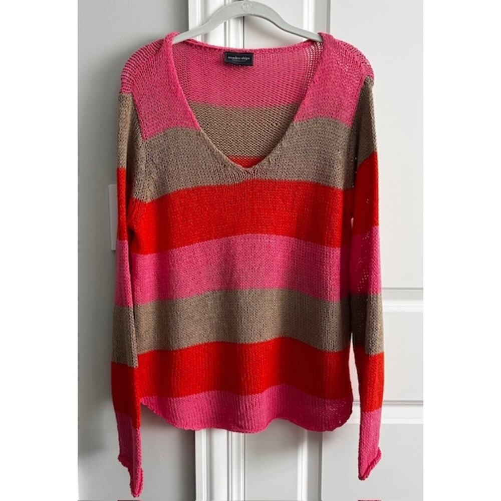 Wooden Ships Bright Pink Stripe V-neck Pullover Sweater Small/Medium